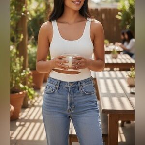 Ribbed Bodysuit Side Cut out w/ Silver Ring - White - S/M